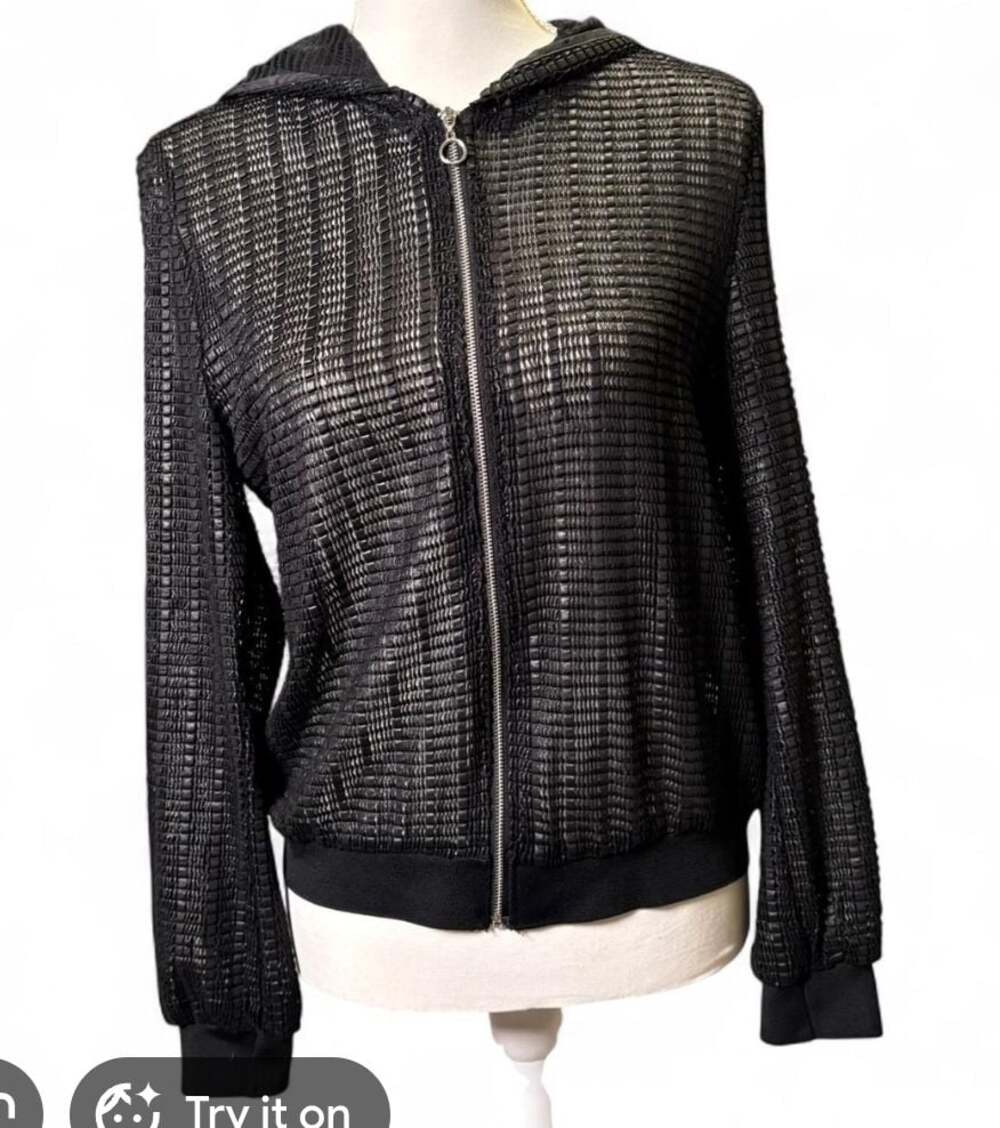 Zara Black Open Knit Mesh Zip Up Hoodie Grunge Y2K Size Small
